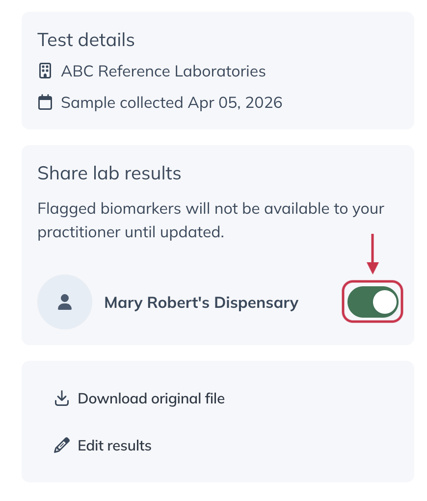 Provider sharing settings for uploaded lab results.